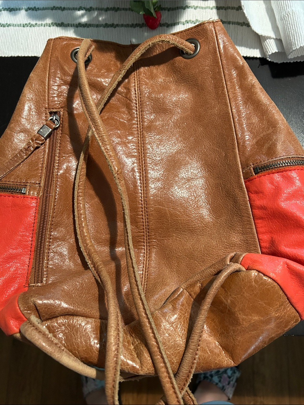 The Sak Brown Leather Drawstring Shoulder Bag with Orange Accents - Picture 5 of 9